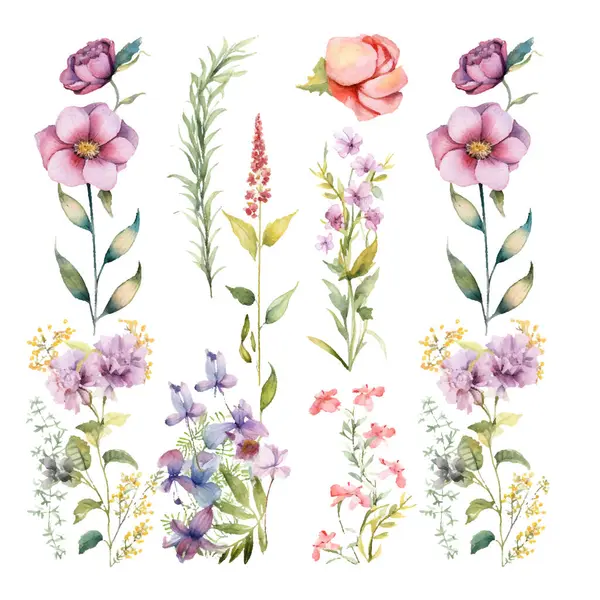 suluboya çiçeklerle ve beyaz arkaplanda yapraklarla ayarlandı