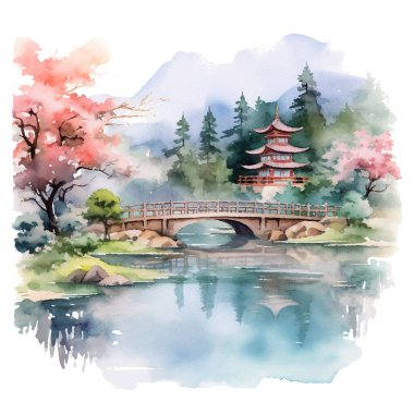 Japon manzarasının suluboya resmi Kiraz çiçeği ve köprü ile sabah.