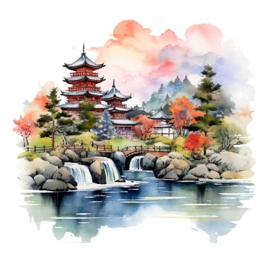 Şelaleli sonbahar Japon bahçesi. suluboya resim.