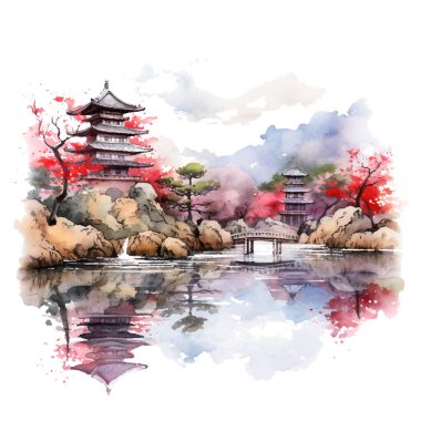 Çin tapınağı ve sakura ağaçları. suluboya resimleme.