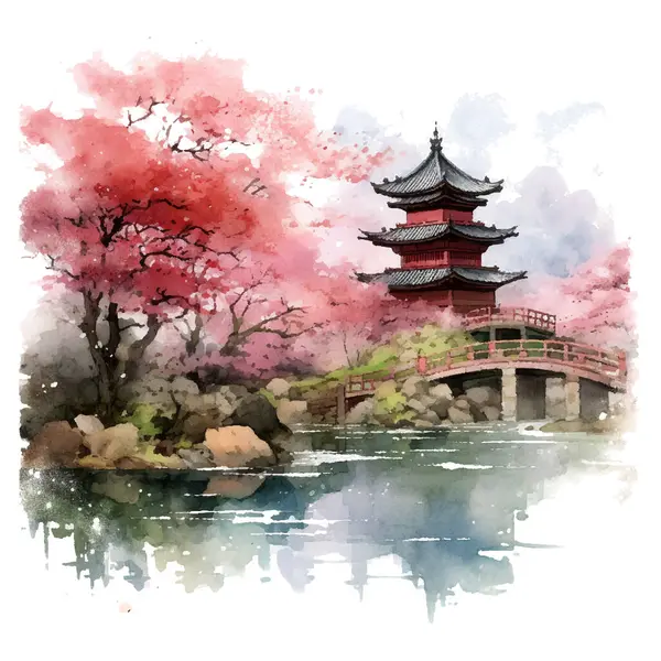 Japon suluboya tablosu. sakura. suluboya resimleme