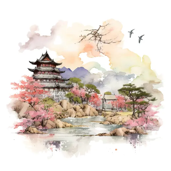 Geleneksel Japon mimarisi ile suluboya manzara, sakura, kiraz çiçeği. el çizimi mürekkep çizimi.