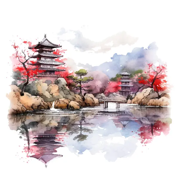 Çin tapınağı ve sakura ağaçları. suluboya resimleme.