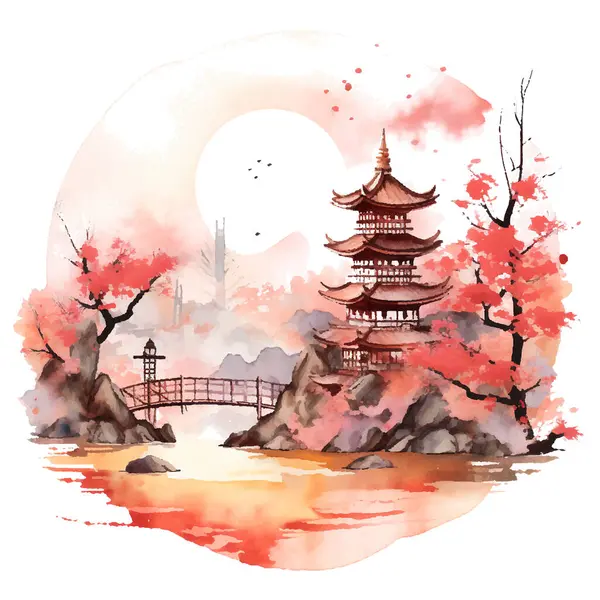 Japon pagodası ve kiraz çiçeği.