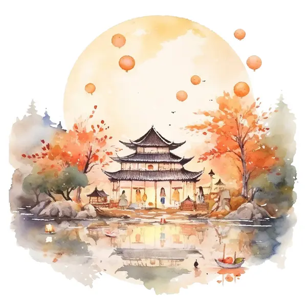 suluboya Çin manzarası Ağaçlar, fenerler, bulutlar