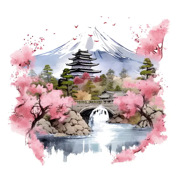 Sakura çiçekli kiraz ağacı. suluboya resimleme.