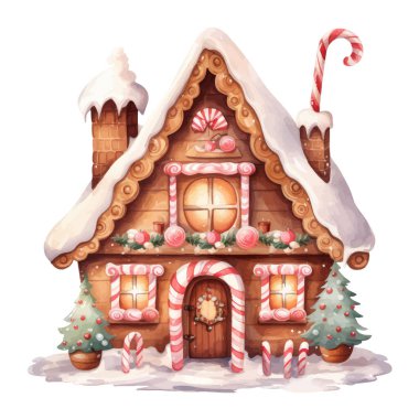 Zencefilli ev ve şekerli suluboya Noel ağacı. Beyaz arka planda izole edilmiş. El çizimi karikatür çizimi