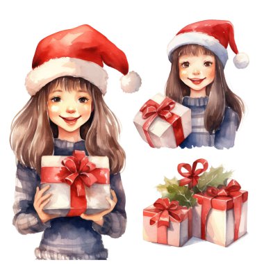 Şirin Noel kızı. El çizimi vektör illüstrasyonu