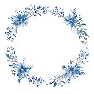 mavi ve yeşil yapraklı suluboya çerçeve, çiçekler ve yapraklar.