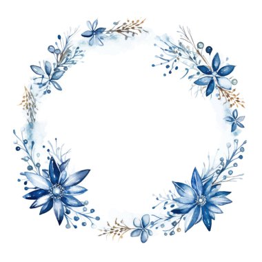 Suluboya el çelengi. Mavi çiçekler ve yapraklar, beyaz arka planda izole edilmiş. düğün kartı, davetiye.