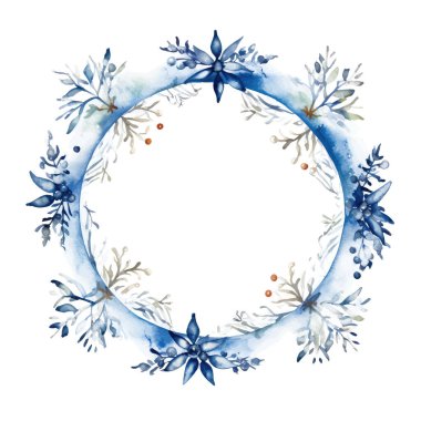 Beyaz arka planda köknar dalları, böğürtlenler ve kozalaklarla suluboya Noel çelengi