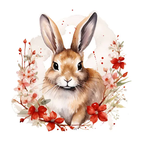 Beyaz arkaplanda tavşan ve çiçeklerin suluboya çizimi
