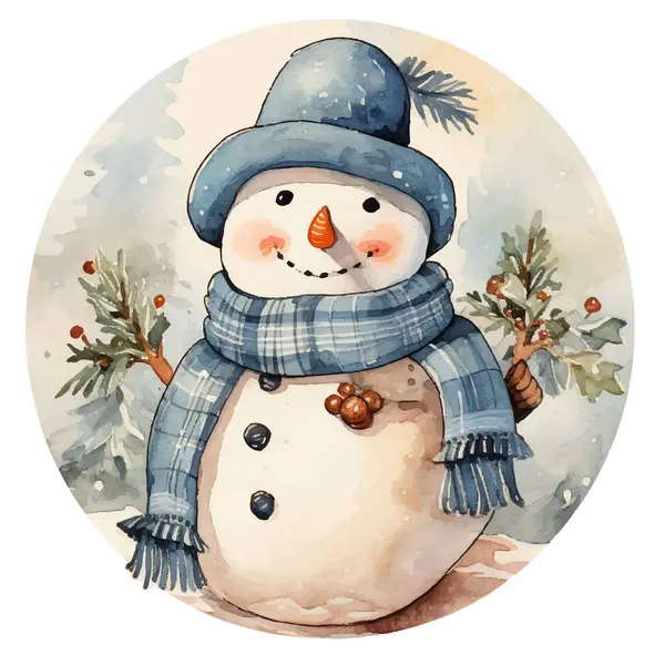 Suluboya resimli şapkalı bir kardan adam. Noel tebrik kartı..