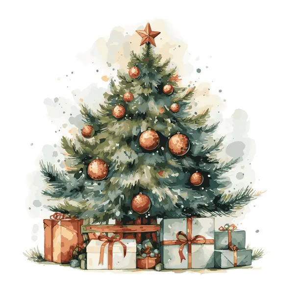 suluboya Noel tebrik kartı hediyeler ve köknar ağacı.