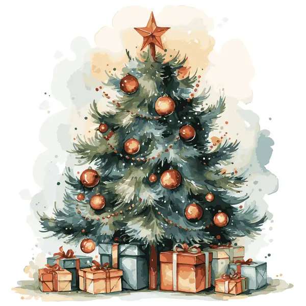 Hediyeli Noel ağacı. suluboya