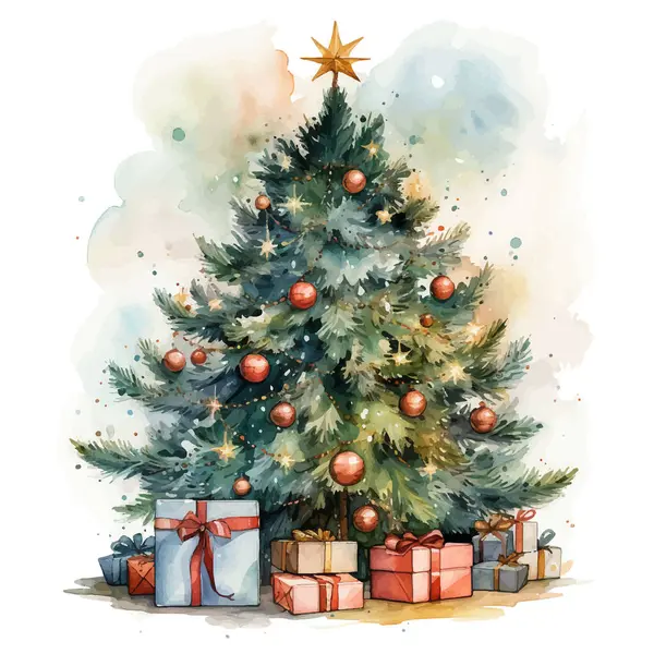 suluboya Noel ağacı, hediye kutuları, hediyeler, balolar ve köknar