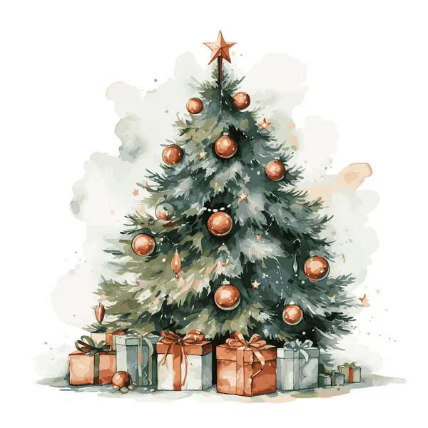 Noel suluboya resimleriyle köknar ağacı ve hediyeler