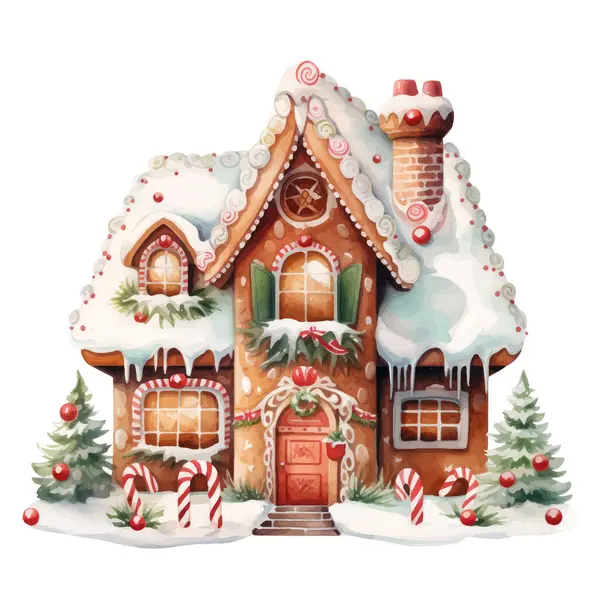 İçinde suluboya ev ve beyaz izole arka planda noel ağacı olan Noel kartı.