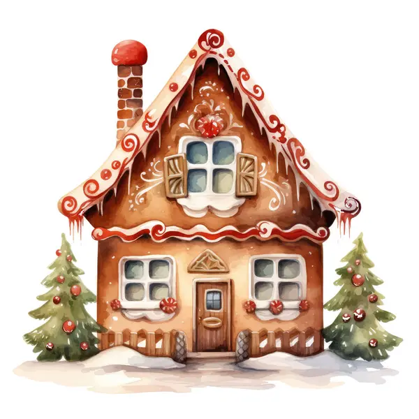 Kırmızı böğürtlenli suluboya Noel evi, kozalaklı ve köknar ağacı