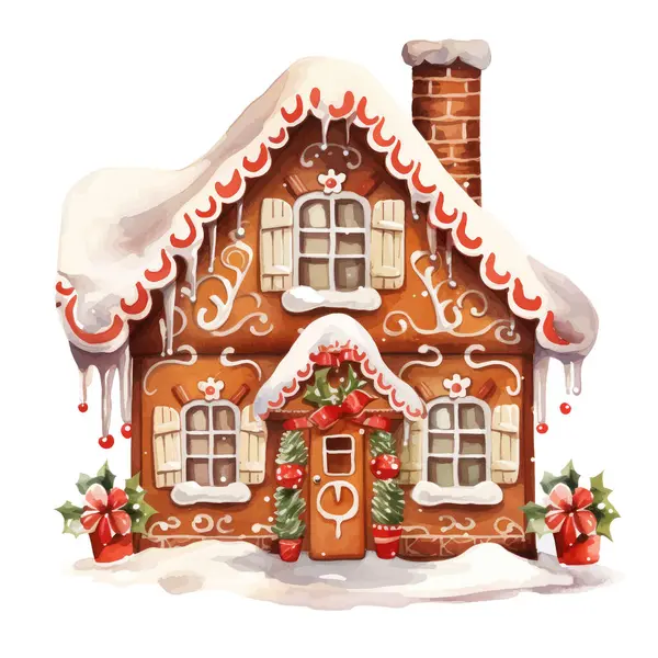 Karla kaplı ve köknar ağacı olan kış Noel evi çizgi filmi. Noel tebrik kartı..