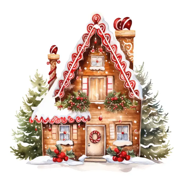 Köknar ağacı, Noel ağacı, ev ve Noel oyuncakları olan ahşap bir arka planda noel kartı..