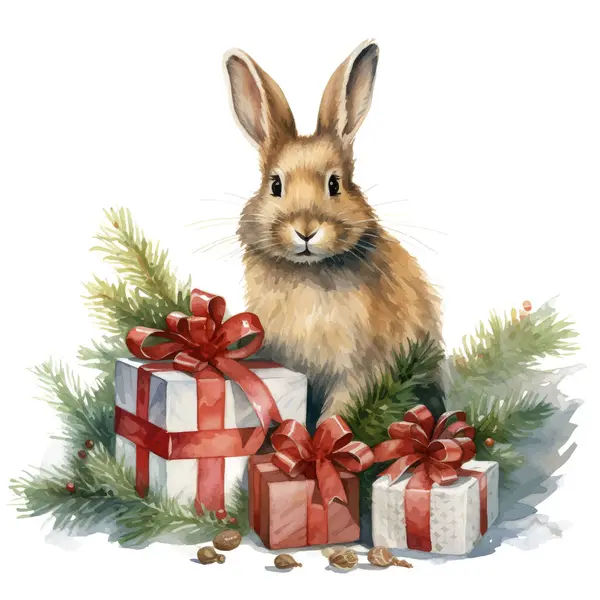Tavşan ve Noel ağacı. suluboya resimleme
