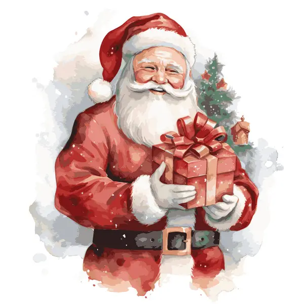 Noel Baba 'nın Noel şapkası ve hediye kutulu kırmızı eşarbı. suluboya resimleme