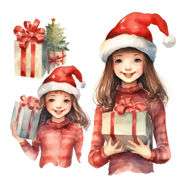 Kırmızı Noel Baba 'lı tatlı kız hediyeler ve hediyelerle