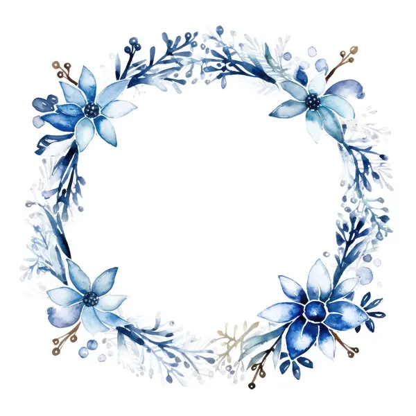 Çiçekli, yapraklı ve meyveli suluboya mavi çelenk. Elle çizilmiş çiçek çelengi. Düğün davetiyesi için mükemmel, tebrik kartları, kartlar, davetiyeler.