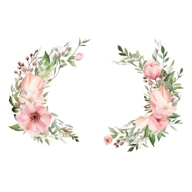 Gül ve okaliptüs yapraklı suluboya çelenk.