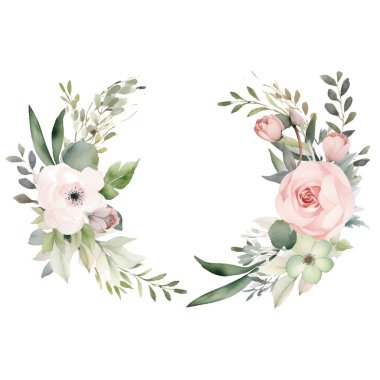 Şakayık, okaliptüs dalları ve yapraklı çiçekli suluboya kompozisyonu