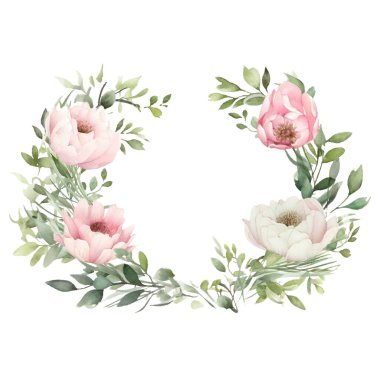 Çiçeklerle suluboya pembe şakayıklar, yapraklar, dallar ve çiçekler.