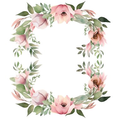 Güllü ve yapraklı suluboya çelenk. Düğün kartı. el boyası