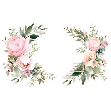 Suluboya çiçek seti. Düğün davetiyesi. Gül desenli çiçek deseni.