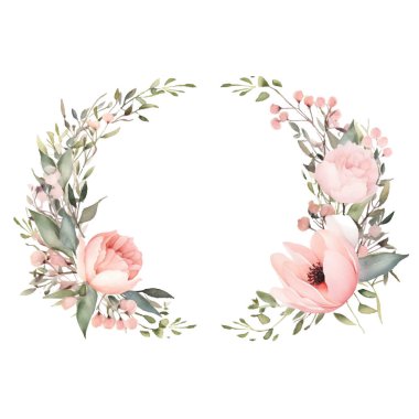 Çiçekli ve yapraklı suluboya çelenk. Düğün davetiyesi, kart, tebrik kartı, kaydet, tarih için beyaz arkaplan üzerine el boyası çiçek illüstrasyonu