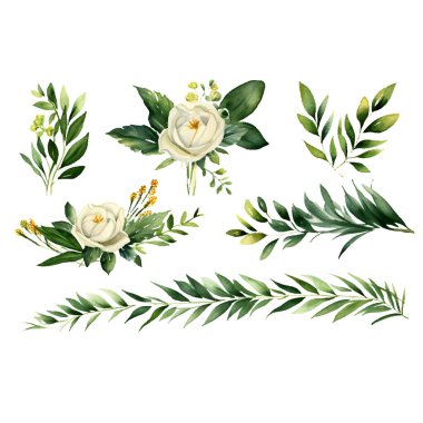 Çiçek ve yaprakların vektör kümesi, çiçek tasarımı