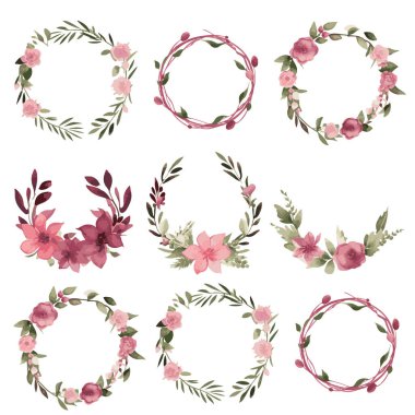 Çelenk suluboya çiçek ve yaprakları ile.