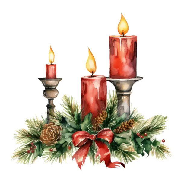 Mum, kozalak, böğürtlen, köknar dalları ve çobanpüskülü suluboya Noel kartı. beyaz arkaplanda izole.