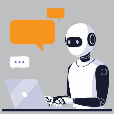 Robot dizüstü bilgisayar kullanıyor ve gri arkaplandaki konuşma baloncuklarıyla iletişim kuruyor