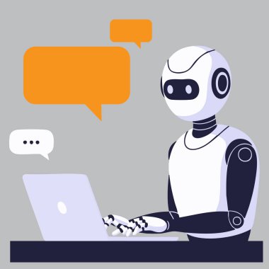 Robot dizüstü bilgisayar kullanıyor ve gri arkaplandaki konuşma baloncuklarıyla iletişim kuruyor