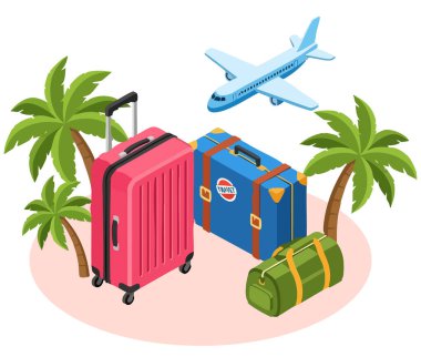 Seyahat bavulları ve uçak. Bavullar pembe, mavi ve yeşil. Uçak mavi ve beyazdır. Bavullar palmiye ağaçlarıyla dolu bir adada..