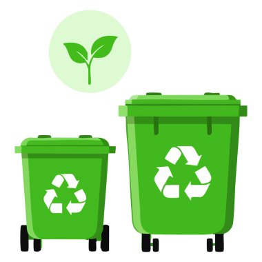 İçinde geri dönüşüm logosu ve bitki sembolü olan iki yeşil geri dönüşüm kutusu. Çevresel farkındalık, atık yönetimi ve sürdürülebilir uygulamaları göstermek için mükemmel.
