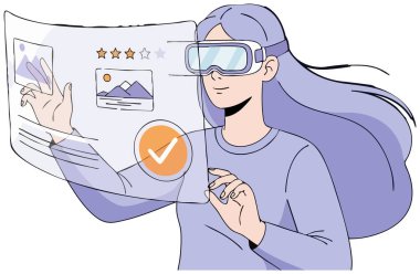 Bir kadın sanal gerçeklik gözlüğü kullanıyor. O, yeni bir dünyayı keşfediyor. O mutlu ve heyecanlı. O, mavi bir kazak giyiyor. Arkaplan beyaz.