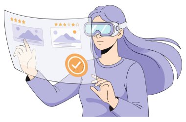 VR gözlük takan bir kadın sanal bir arayüzle etkileşime girer, metaevreni keşfeder ve yenilikçi teknolojiyle gelişmiş gerçekliği tecrübe eder..