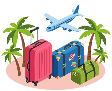 Bir sonraki maceranızı bavul, uçak ve palmiye ağaçlarının olduğu bu seyahat konseptiyle planlayın. Tatil, turizm ve tatil promosyonları için mükemmel. Vektör sanatı.