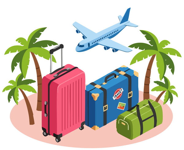 Планируйте свое следующее приключение с помощью этой концепции путешествия с багажом, самолетом и пальмами. Перфект для отдыха, туризма и праздничных акций. Векторное искусство.