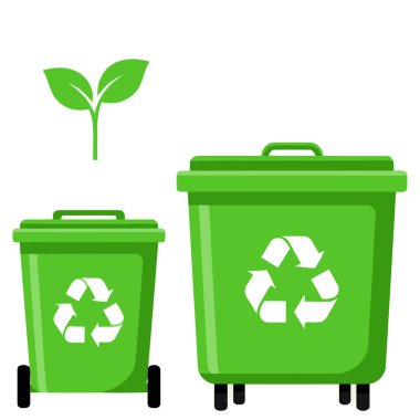 Geri dönüşüm sembollü iki geri dönüşüm kutusu ve bir bitki simgesi. Beyaz arka planda izole edilmiş. Vektör çizimi. Atık yönetimi, çevre ve sürdürülebilirlik kavramı.