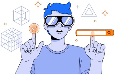 Bir adam sanal gerçeklik gözlüğü kullanıyor. Etrafında bazı geometrik şekiller var. Arka plan beyaz. Sanal gerçeklik ve teknoloji kavramları için harika..