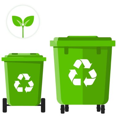 Geri dönüşüm sembollü iki geri dönüşüm kutusu. Biri küçük ve biri büyük. Sol üstte bir bitki sembolü var. Arka plan beyaz. Geri dönüşüm kavramları için harika.