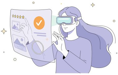 Beyaz arka planda izole edilmiş sanal gerçeklik gözlüğü kullanan bir kadın tasviri. Meta evren, teknoloji ve dijital temalı tasarım ve kavramlar için mükemmel..